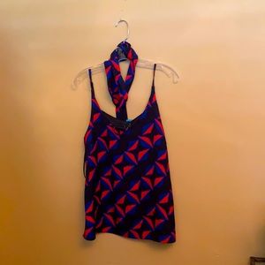 Red blue and black womens shirt and scarf